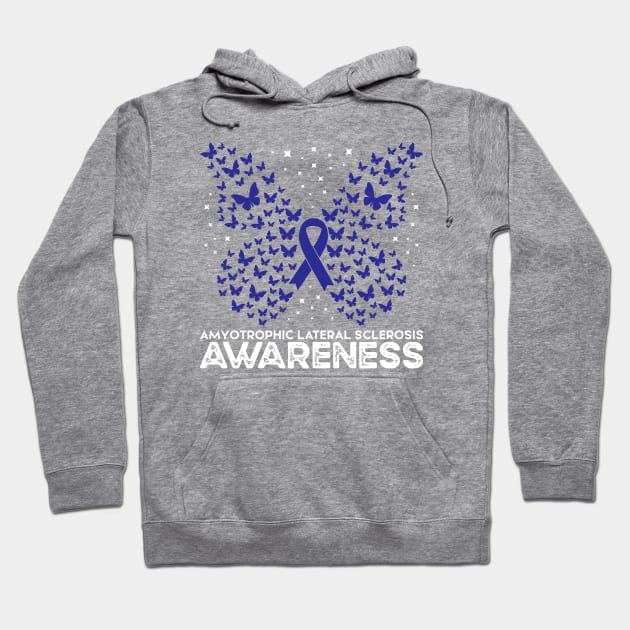 ALS Awareness Blue Ribbon Butterfly, Amyotrophic Lateral Sclerosis Awareness Hoodie by mcoshop